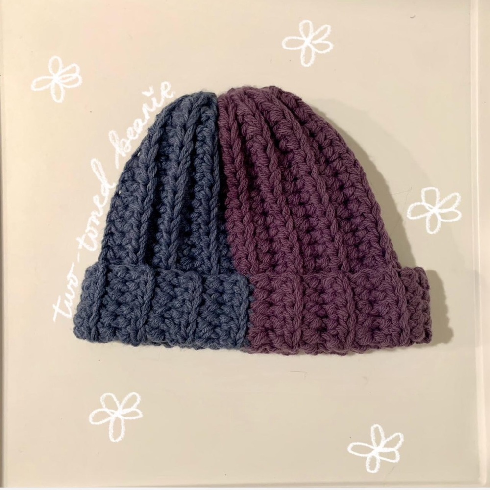 handmade crochet two toned blue and purple beanie